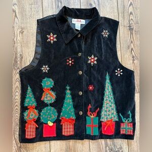 Vintage Dressbarn Christmas Vest Black Velvet Embroidered Holiday Size L